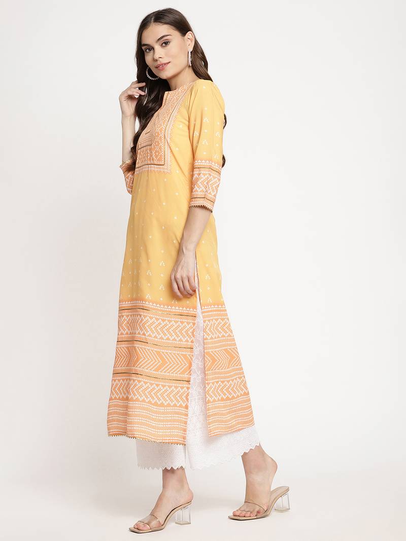Ahalyaa Women Yellow Ethnic Motifs Keyhole Neck Kurta