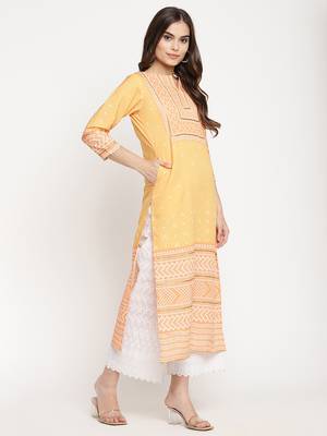 Ahalyaa Women Yellow Ethnic Motifs Keyhole Neck Kurta 4