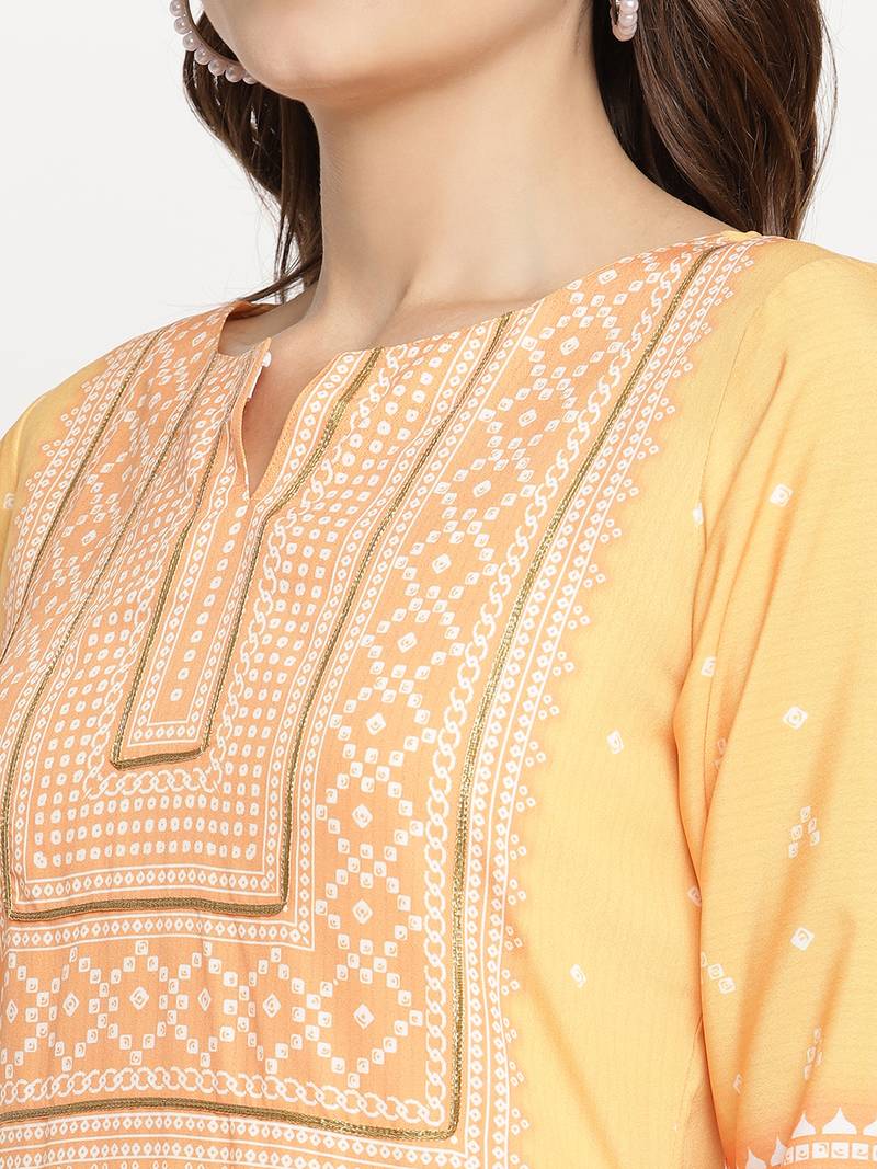 Ahalyaa Women Yellow Ethnic Motifs Keyhole Neck Kurta