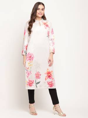 Ahalyaa Women Cream-Coloured & Pink Floral Printed Keyhole Neck Velvet Kurta 1