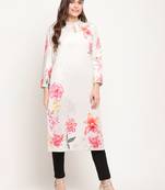 Ahalyaa Women Cream-Coloured & Pink Floral Printed Keyhole Neck Velvet Kurta