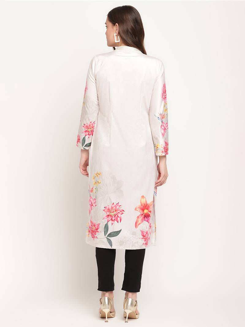 Ahalyaa Women Cream-Coloured & Pink Floral Printed Keyhole Neck Velvet Kurta