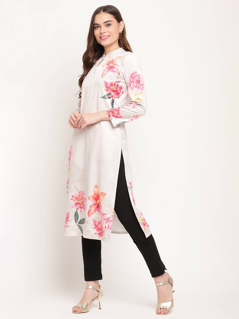 Ahalyaa Women Cream-Coloured & Pink Floral Printed Keyhole Neck Velvet Kurta