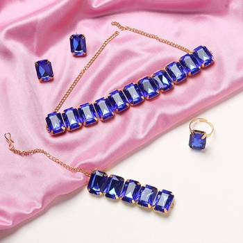 Blue Stylish Big Stone Choker Necklace With Finger Ring ,Earrings & Bracelet for Party Wear 1