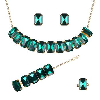 Green Stylish Big Stone Choker Necklace With Finger Ring ,Earrings & Bracelet for Party Wear 2