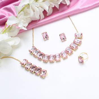 Pink Stylish Big Stone Choker Necklace With Finger Ring ,Earrings & Bracelet for Party Wear 1
