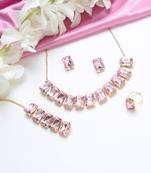 Pink Stylish Big Stone Choker Necklace With Finger Ring ,Earrings & Bracelet for Party Wear
