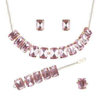 Pink Stylish Big Stone Choker Necklace With Finger Ring ,Earrings & Bracelet for Party Wear 2