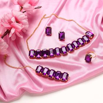 Purple Stylish Big Stone Choker Necklace With Finger Ring ,Earrings & Bracelet for Party Wear 1