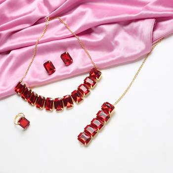 Red Stylish Big Stone Choker Necklace With Finger Ring ,Earrings & Bracelet for Party Wear 1