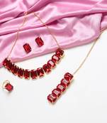 Red Stylish Big Stone Choker Necklace With Finger Ring ,Earrings & Bracelet for Party Wear