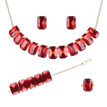 Red Stylish Big Stone Choker Necklace With Finger Ring ,Earrings & Bracelet for Party Wear 2