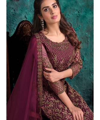 Wine Net Party Wear Salwar Kameez 2