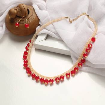 CLASSIC GOLD PLATED LAYERED CHAIN WITH Red PEARLS NECKLACE SET WITH MATCHING EARRINGS FOR WOMEN & GIRLS 1