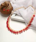 CLASSIC GOLD PLATED LAYERED CHAIN WITH Red PEARLS NECKLACE SET WITH MATCHING EARRINGS FOR WOMEN & GIRLS