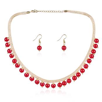 CLASSIC GOLD PLATED LAYERED CHAIN WITH Red PEARLS NECKLACE SET WITH MATCHING EARRINGS FOR WOMEN & GIRLS 2