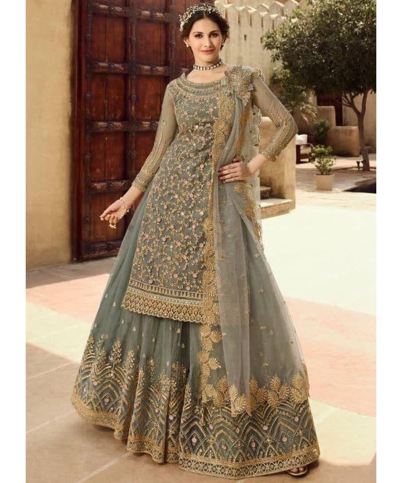 Grey Net Party Wear Salwar Kameez