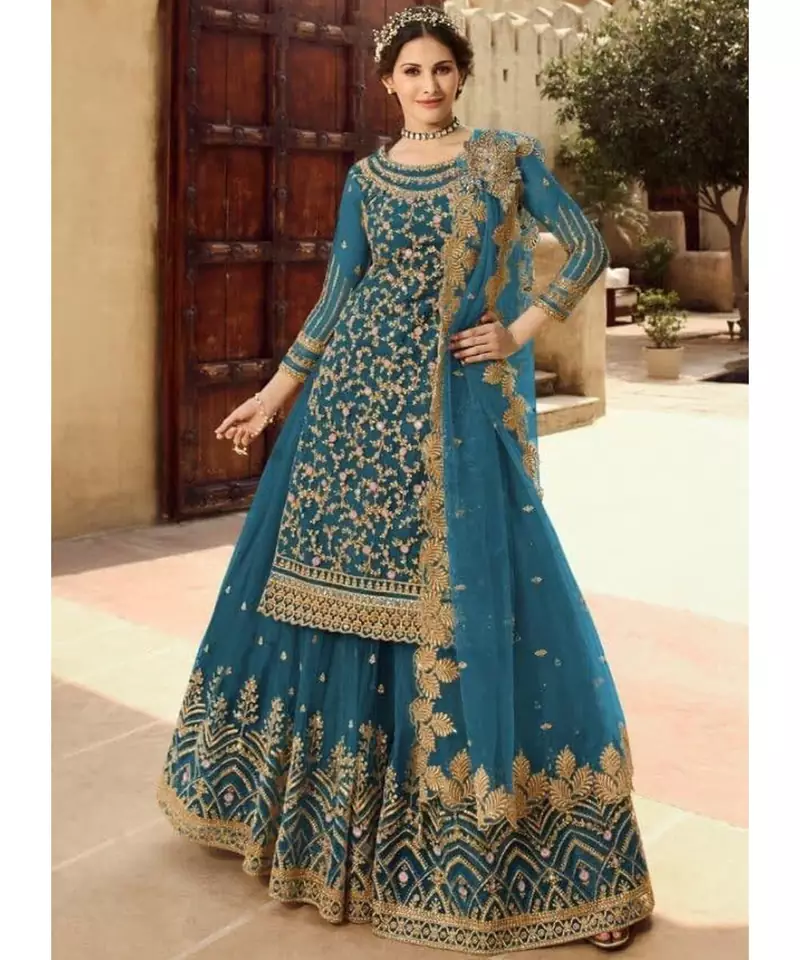 Teal Net Party Wear Salwar Kameez