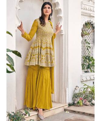 Ochre Yellow Embroidered Gharara Suit 1