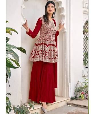 Ochre Red Embroidered Gharara Suit 1