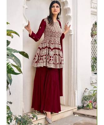 Ochre Maroon Embroidered Gharara Suit 1