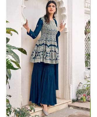 Ochre Dark Teal Embroidered Gharara Suit 1
