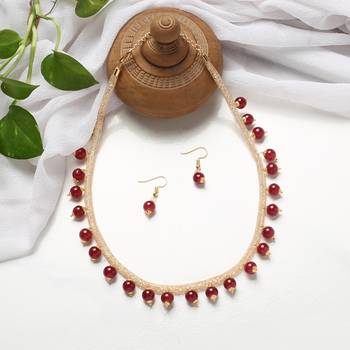 Classic Gold Plated Layered Chain With Maroon Pearls Necklace Set With Matching Earrings For Women & Girls 1