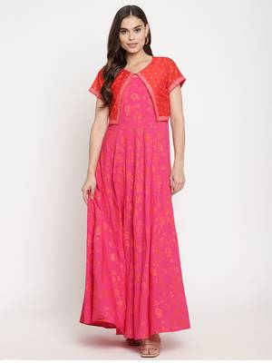 Ahalyaa Women Pink & Red Ethnic Motifs Printed Gotta Patti Anarkali Kurta With Jacket 1