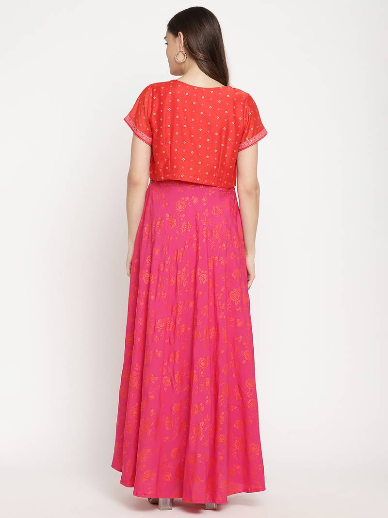 Ahalyaa Women Pink & Red Ethnic Motifs Printed Gotta Patti Anarkali Kurta With Jacket