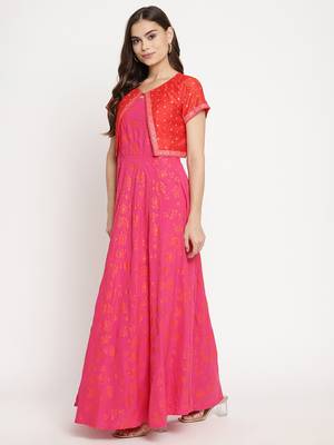 Ahalyaa Women Pink & Red Ethnic Motifs Printed Gotta Patti Anarkali Kurta With Jacket 3
