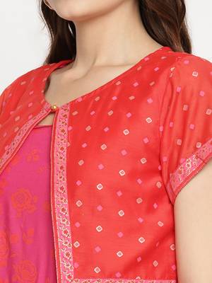 Ahalyaa Women Pink & Red Ethnic Motifs Printed Gotta Patti Anarkali Kurta With Jacket 5