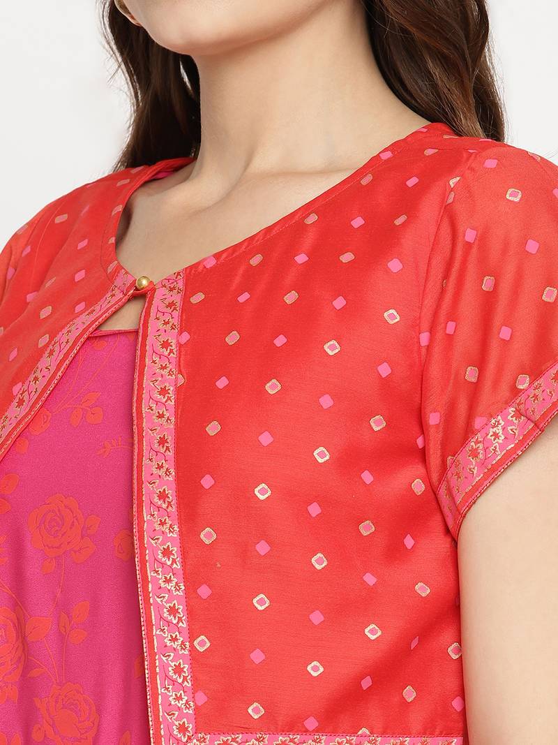 Ahalyaa Women Pink & Red Ethnic Motifs Printed Gotta Patti Anarkali Kurta With Jacket