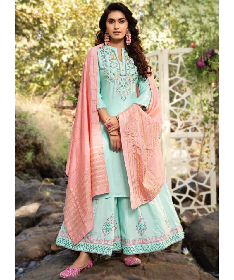 Turquoise Viscose Lurex Party Wear Suit