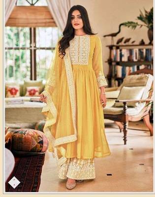 Rahi Fashion women Faux Georgette Embroidered semi stitched yellow color sharara suit 1
