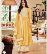 Rahi Fashion women Faux Georgette Embroidered semi stitched yellow color sharara suit
