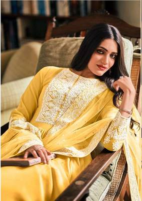 Rahi Fashion women Faux Georgette Embroidered semi stitched yellow color sharara suit 2