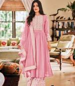 Rahi Fashion women Faux Georgette Embroidered semi stitched Baby Pink color sharara suit