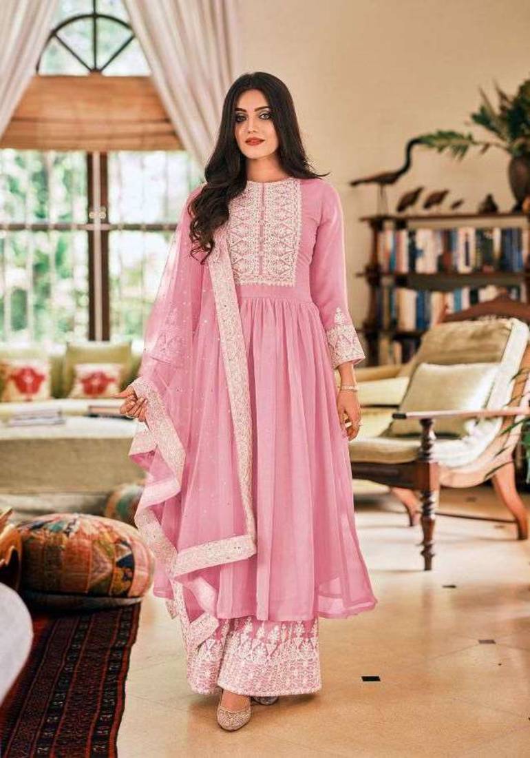 Rahi Fashion women Faux Georgette Embroidered semi stitched Baby Pink color sharara suit