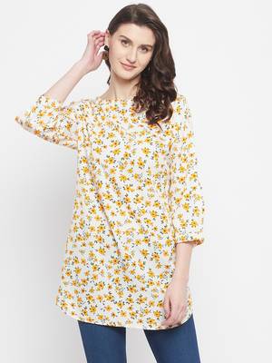 Off White Floral Printed Crepe Kurti 1