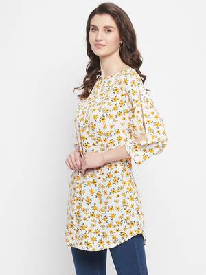 Off White Floral Printed Crepe Kurti 3