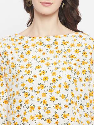 Off White Floral Printed Crepe Kurti 4
