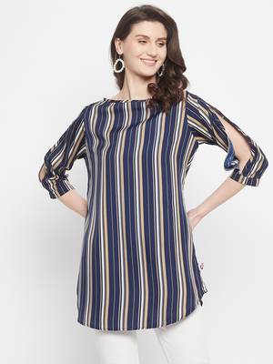 Navy Blue Color Stripe Printed Crepe Kurti 1