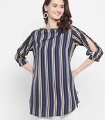 Navy Blue Color Stripe Printed Crepe Kurti