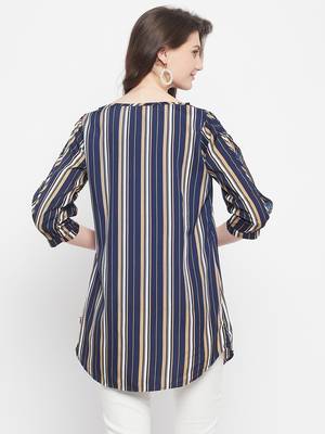 Navy Blue Color Stripe Printed Crepe Kurti 2