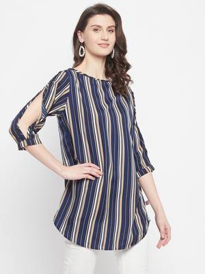Navy Blue Color Stripe Printed Crepe Kurti 3