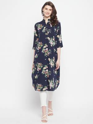 Navy Blue Color Floral Printed Crepe Kurti 1