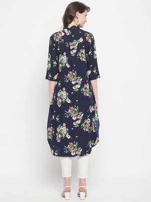Navy Blue Color Floral Printed Crepe Kurti 2