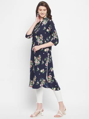 Navy Blue Color Floral Printed Crepe Kurti 3