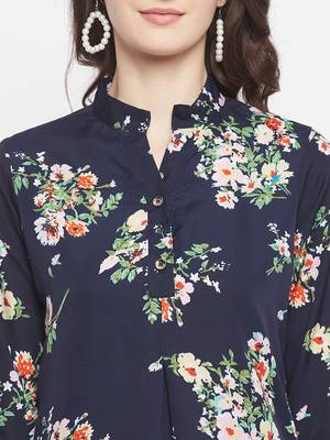 Navy Blue Color Floral Printed Crepe Kurti 4
