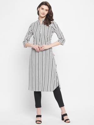Off White Color Stripe Printed Crepe Kurti 1